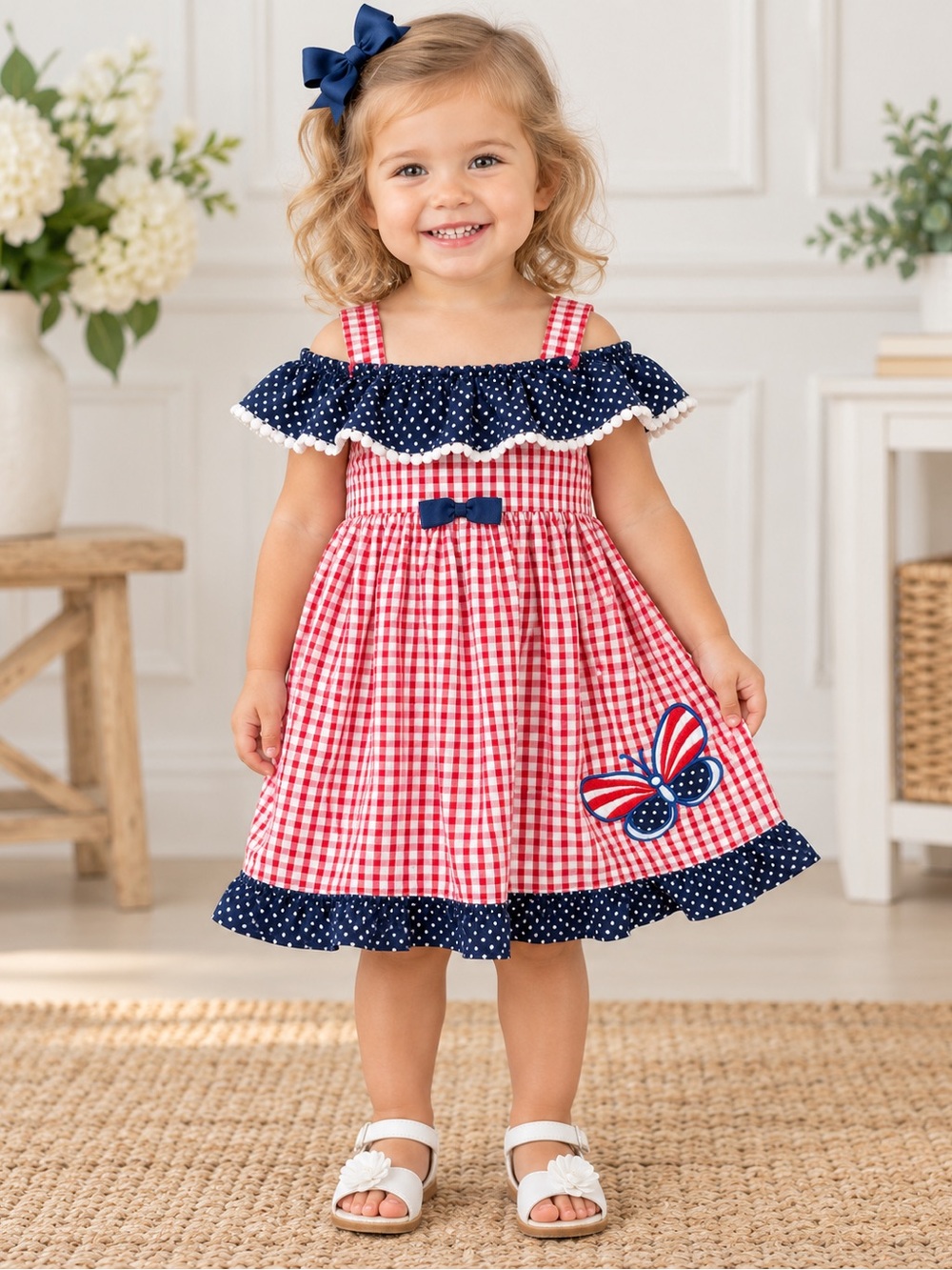 Blueberi Boulevard Girls 24M Patriotic Red White Blue Gingham Butterfly Dress EU